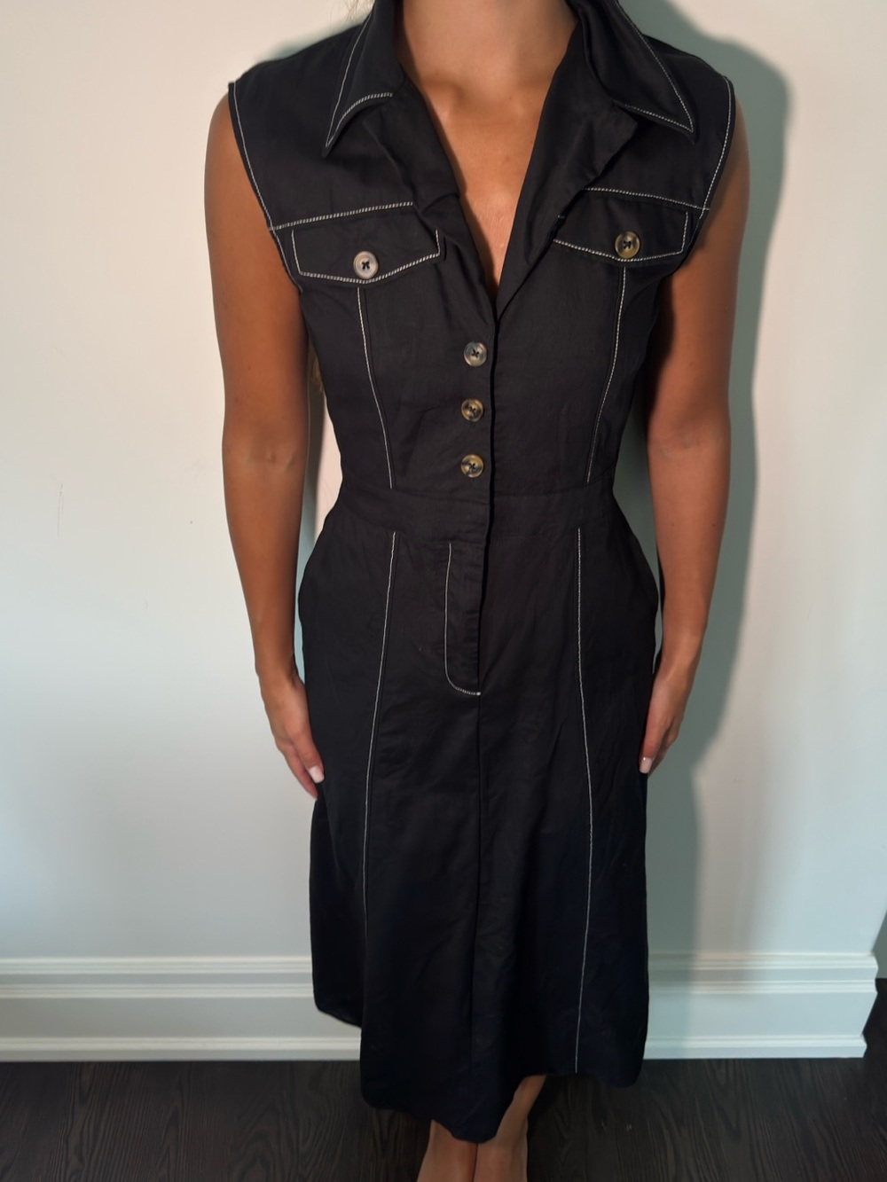 Zara Black Midi Dress with White Contrast Stitching